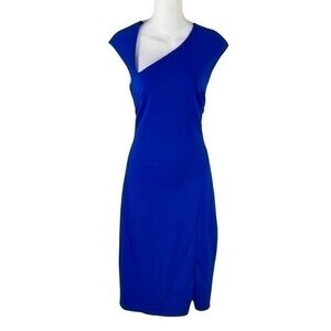 Bebe cobalt blue asymmetric neckline sheath midi dress Small S AA10
